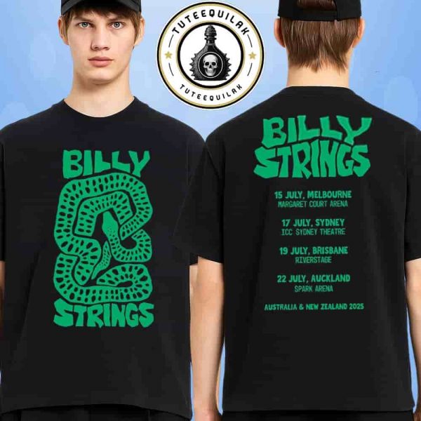 Billy Strings Australia And New Zealand Exclusive Tee Tour 2025 Merch Bold Green Snake By Logan Fox Two Sided T-Shirt