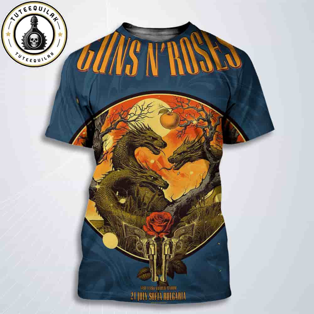 Guns N Roses Sofia 2025 Concert Poster In Bulgaria On July 21 2025 At Vasil Levski National Stadium All Over Print T-Shirt Guns N Roses Sofia 2025 Concert Poster In Bulgaria On July 21 2025 At Vasil Levski National Stadium All Over Print T-Shirt