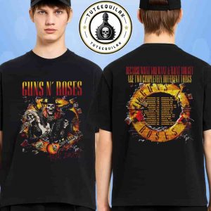 Guns N Roses World Tour 2025 Skeleton Two Sided T-Shirt Merch With Dated List and Exclusive What You Want vs What You Get Design