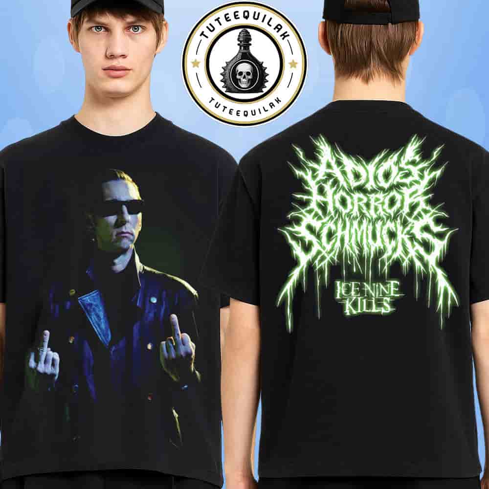 Ice Nine Kills The Great Unknown 2025 Exclusive Adios Horror Shmucks Tee Merchandise Two Sided T-Shirt Ice Nine Kills The Great Unknown 2025 Exclusive Adios Horror Shmucks Tee Merchandise Two Sided T-Shirt