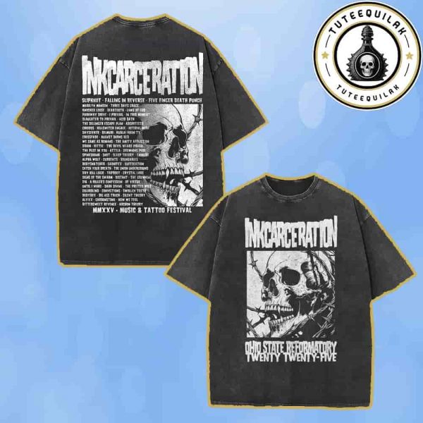 Inkcarceration Music And Tatto Festival 2025 Ohio State Reformatory Barbed Skull Mineral Wash T-Shirt