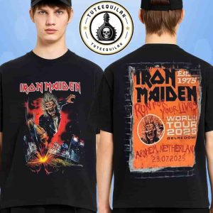 Iron Maiden Arnhem Netherlands 2025 Run For Your Lives World Tour Merch Eddie Pickaxe Venue Tee At Gelredome On July 23 2025 Two Sided T-Shirt