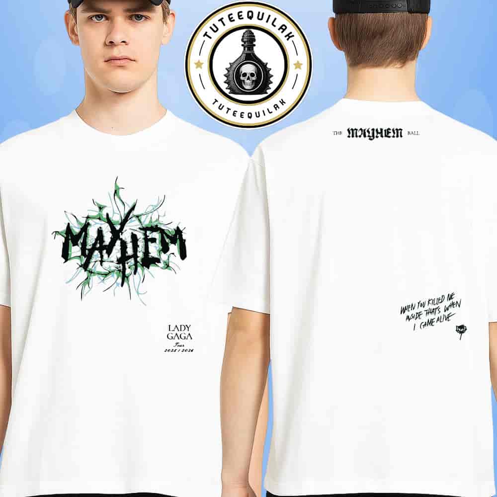 Lady Gaga The Mayhem Ball Tour 2025-2026 Exclusive Tee Spiky Mayhem Logo Official Concert Merchandise Two Sided Unisex T-Shirt Lady Gaga The Mayhem Ball Tour 2025-2026 Exclusive Tee Spiky Mayhem Logo Official Concert Merchandise Two Sided Unisex T-Shirt