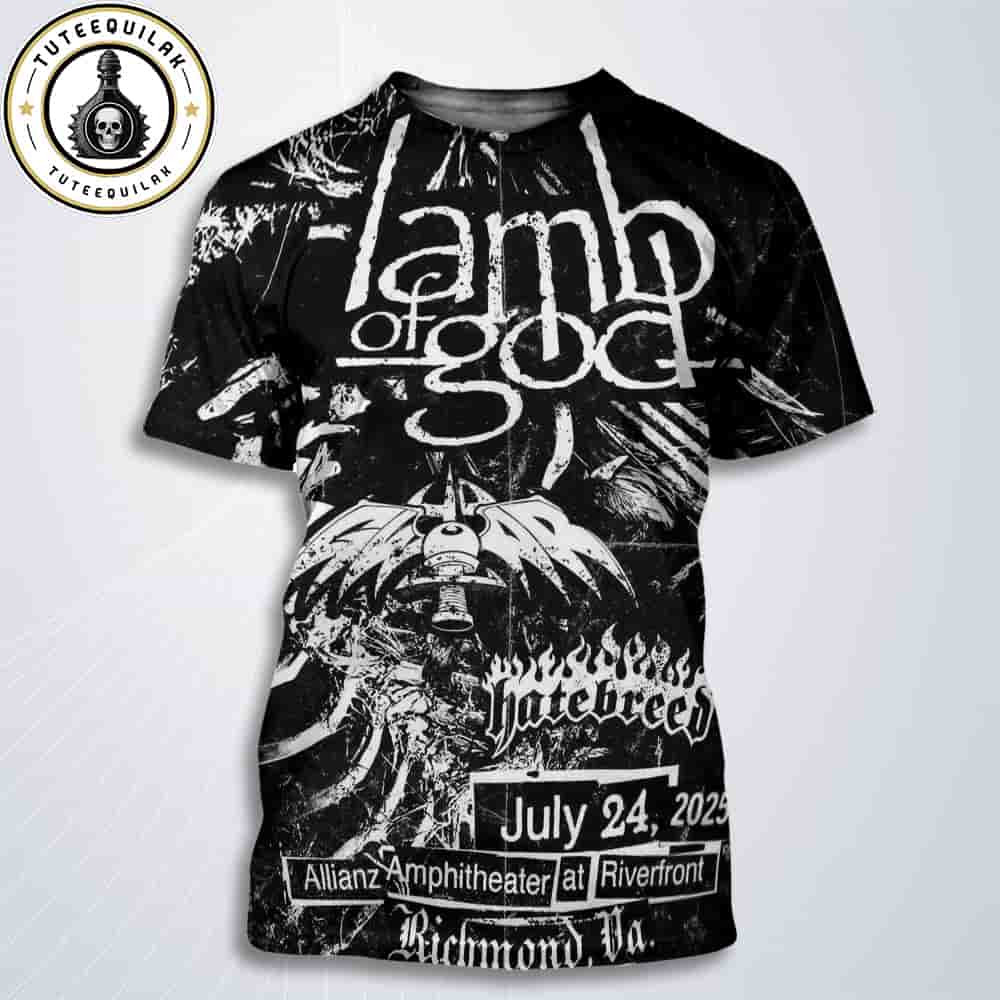 Lamb of God X Hatebreed Richmond 2025 Concert Poster At Allianz Amphitheater at Riverfront On July 24 2025 All Over Print T-Shirt Lamb of God X Hatebreed Richmond 2025 Concert Poster At Allianz Amphitheater at Riverfront On July 24 2025 All Over Print T-Shirt