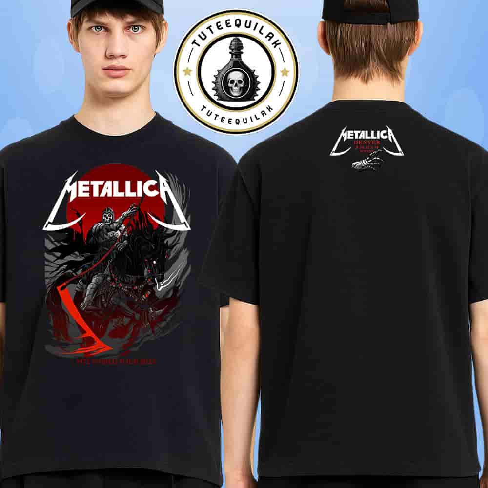 Metallica M72 Denver 2025 Pop Up Tee In Denver Colorado At Empower Field at Mile High On June 27 And 29 The Death Knight Art Merchandise Two Sided T-Shirt Metallica M72 Denver 2025 Pop Up Tee In Denver Colorado At Empower Field at Mile High On June 27 And 29 The Death Knight Art Merchandise Two Sided T-Shirt
