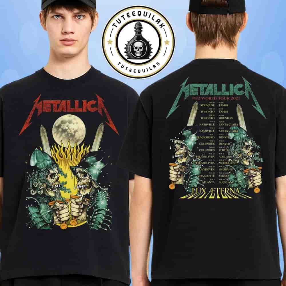 Metallica M72 World Tour Dates List 2025 Lux Aeterna Skeleton Merchandise Two Sided Unisex T-Shirt Metallica M72 World Tour Dates List 2025 Lux Aeterna Skeleton Merchandise Two Sided Unisex T-Shirt