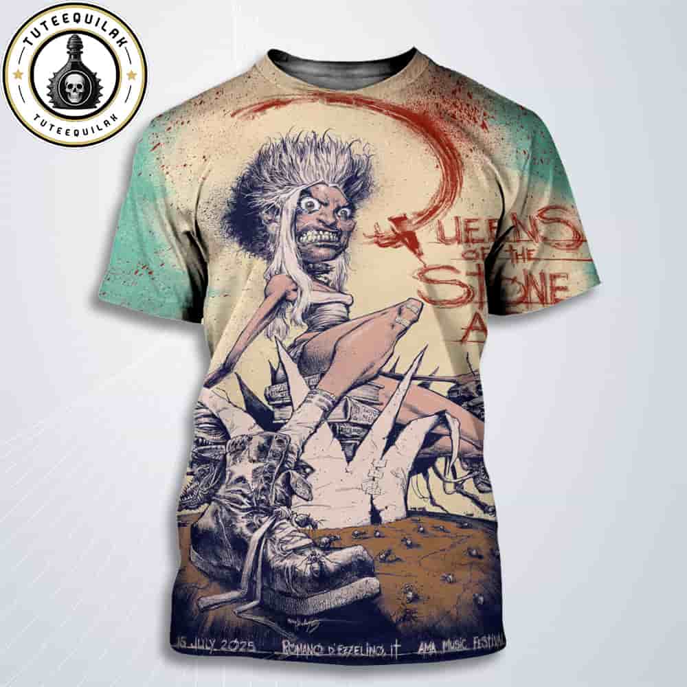 Queen Of The Stone Age Concert Poster In Romano d'Ezzelino On July 16 2025 At AMA Music Festival All Over Print T-Shirt Queen Of The Stone Age Concert Poster In Romano d'Ezzelino On July 16 2025 At AMA Music Festival All Over Print T-Shirt