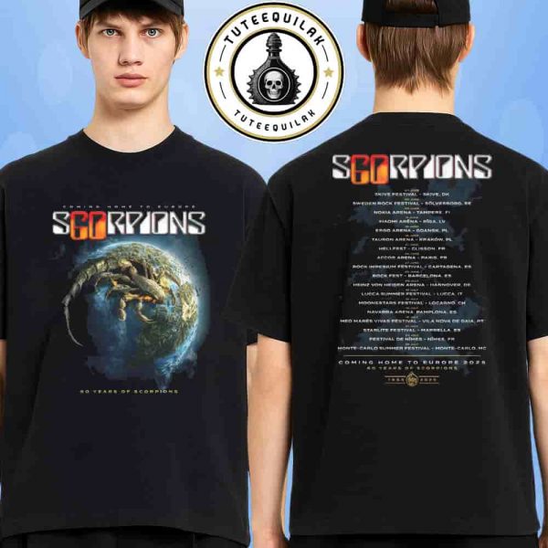 Scorpions 60 Years Anniversary Coming Home To Europe 2025 Tour Dated List Planet Rock Tee Merchandise Two Sided Unisex T-Shirt