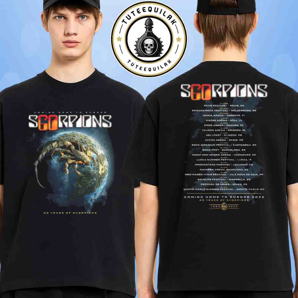Scorpions 60 Years Anniversary Coming Home To Europe 2025 Tour Dated List Planet Rock Tee Merchandise Two Sided Unisex T-Shirt Scorpions 60 Years Anniversary Coming Home To Europe 2025 Tour Dated List Planet Rock Tee Merchandise Two Sided Unisex T-Shirt