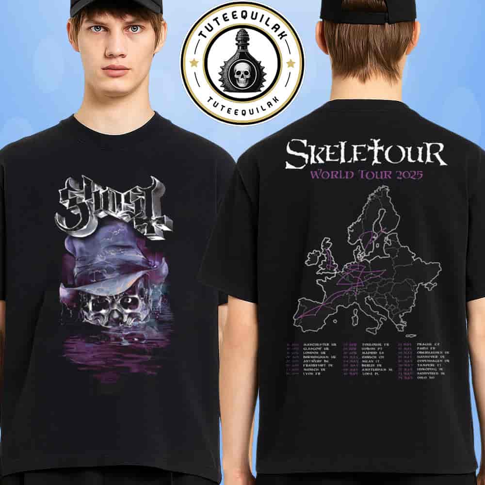 The Ghost Skeletour World Tour Dated List 2025 Exclusive Itin Tee Skeleton Artwork Merchandise Two Sided T-Shirt The Ghost Skeletour World Tour Dated List 2025 Exclusive Itin Tee Skeleton Artwork Merchandise Two Sided T-Shirt