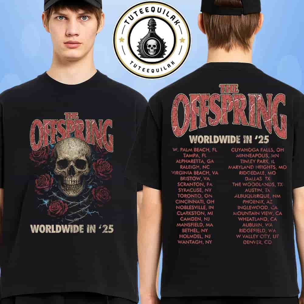 The Offspring Supercharged Worldwide In '25 Rose Skull 2025 Ladies Tour Tee Merchandise Two Sided T-Shirt The Offspring Supercharged Worldwide In '25 Rose Skull 2025 Ladies Tour Tee Merchandise Two Sided T-Shirt