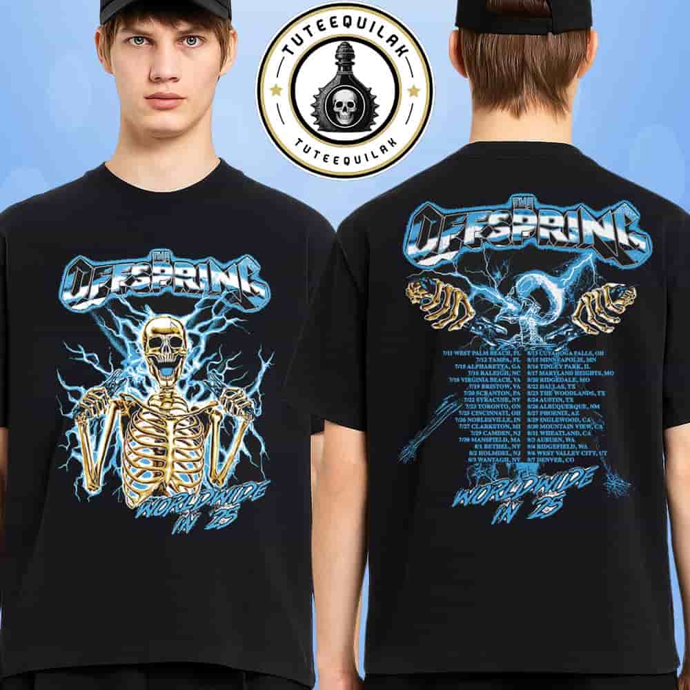 The Offspring Supercharged Worldwide In '25 Spark Plug Skeleton 2025 Tour Tee Merchandise Two Sided T-Shirt The Offspring Supercharged Worldwide In '25 Spark Plug Skeleton 2025 Tour Tee Merchandise Two Sided T-Shirt
